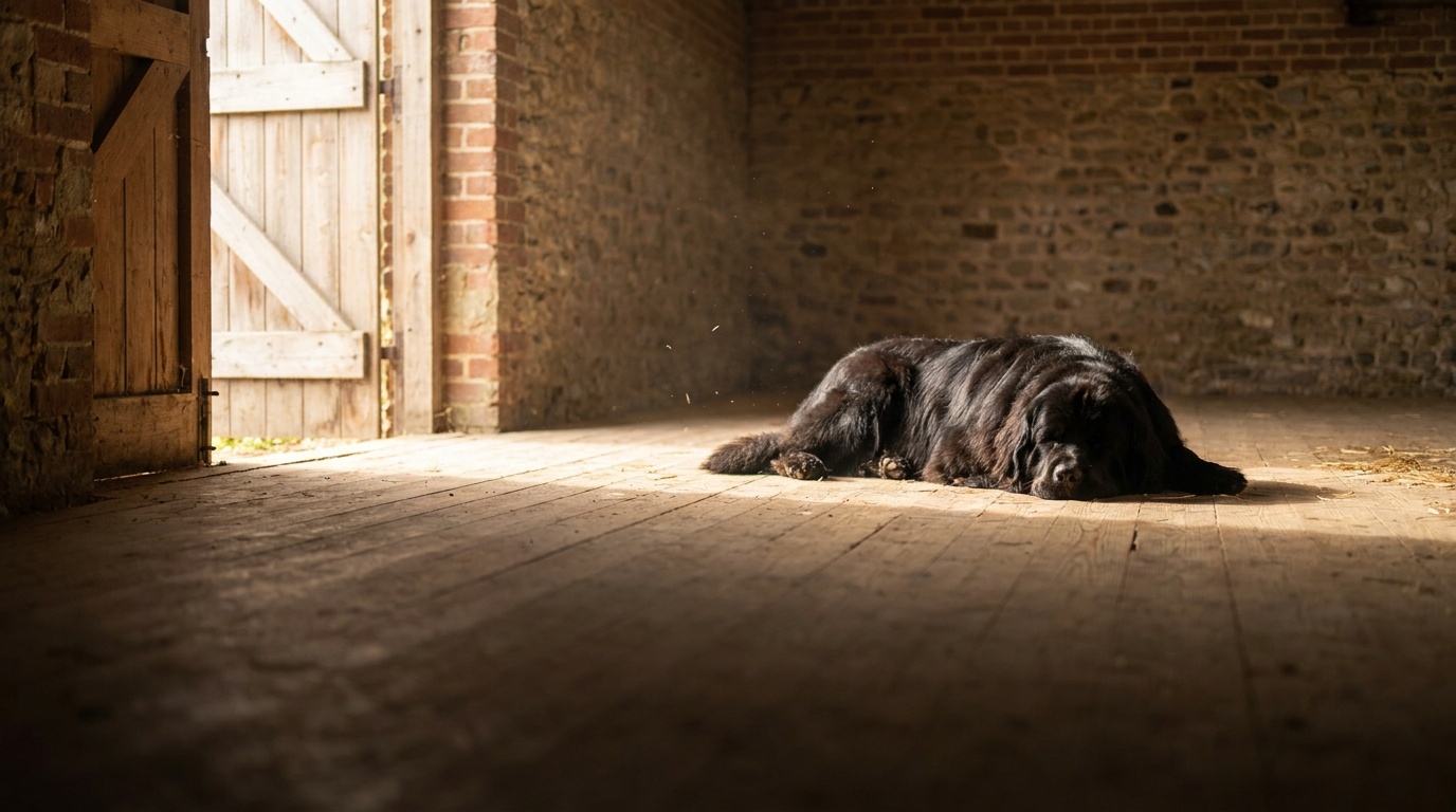 A freshly groomed black Newfoundland lying at rest on a swept timber barn floor, daylight coming in from an open door