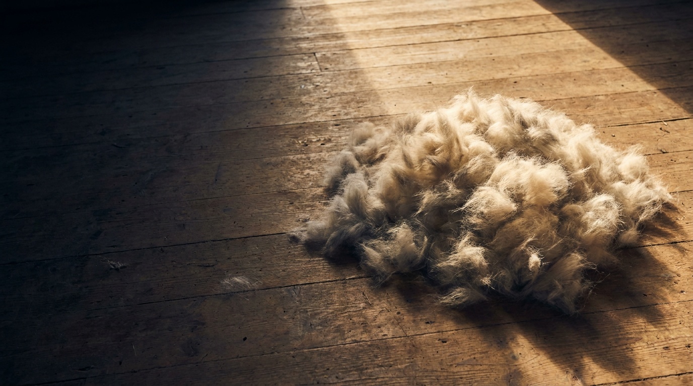 A soft heap of pale grey and cream husky undercoat on a swept timber barn floor, caught in low afternoon light